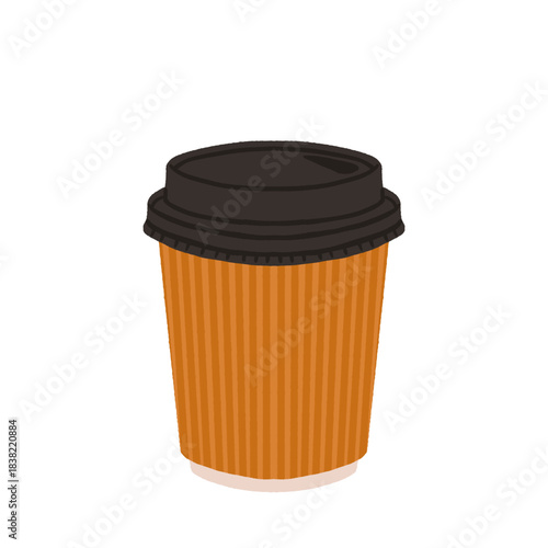 Takeaway paper coffee cups. Takeout hot drinks to go in paper mugs with lids and sleeves, zarf. Take-away tea and coffee on holder. Flat vector illustration isolated on white background