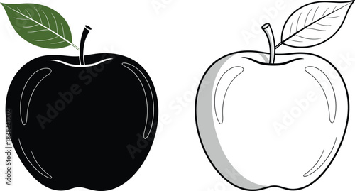 Apple fruit illustration set with black silhouette and outlined version, fresh botanical food design for icons, stickers and healthy themes