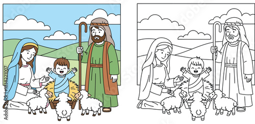 Christmas nativity scene coloring page vector illustration featuring Mary Joseph and Baby Jesus with sheep, split screen showing colored version and outline for kids activity