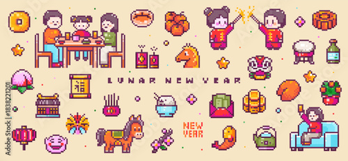 Lunar New Year Pixel Art Set. 8bit Chinese Family Dinner, Lanterns, Lucky Envelopes and Festival Icons Collection.
