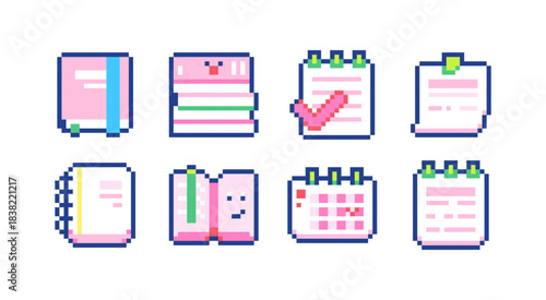 Pixel Planner Pages Icons Set. Kawaii 8bit Notebooks, Checklists, Calendars and Journal Paper Stickers. Cute Journal Page Video Game Element for Study Planner Decoration.
