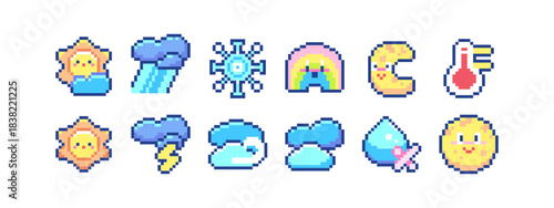 Pixel Art Weather Icons Set. Kawaii 8bit Sun, Clouds, Rainbow, Raindrop and Temperature Symbols for Apps and Planners. Cute Forecast Video Game Element for Planner or Web App Decoration.