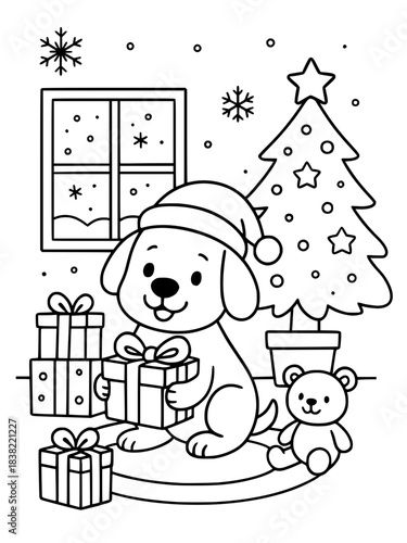 adorable ​Christmas puppy, bold and easy christmas coloring page for kids, cute dog with wrpped presents, Christmas tree in the background., coloring book, gifts, vector image	
