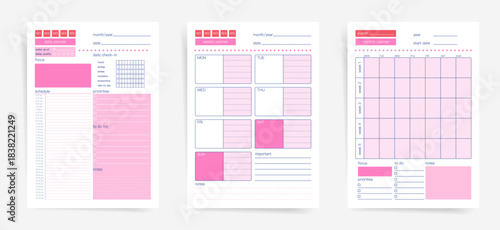 Daily weekly monthly planner template set, pink minimal schedule organizer pages with priorities, notes and to do list
