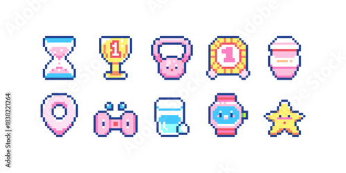 Pixel Sport and Fitness Habit Icons Pack. Kawaii 8 bit Trophies, Kettlebell, Timer, Protein Shaker Bottle, Dumbbells and Reward Stars. Cute Reward Video Game Element for Fitness Tracker Decoration.
