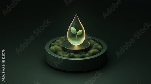 Transparent Glowing Droplet Holding Green Sprouting Plant on Moss Pedestal Illuminated in Dark Eco Environment Symbolizing Sustainable Growth, Organic Energy, and Nature-Inspired Technology in Concept