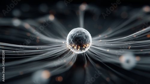 Glowing Subatomic Sphere Surrounded by Radiating Quantum Field Lines and Particle Streams, Atomic Structure, Energy Interaction, and Conceptual Visualization of Quantum Physics in Abstract Space