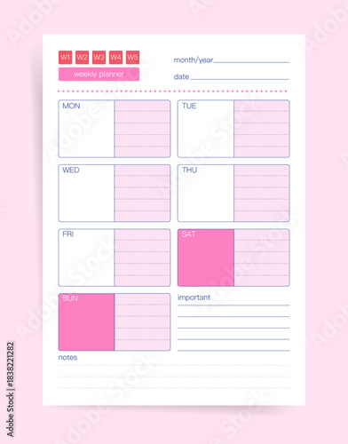 Weekly planner template page, pink minimal schedule organizer with space for notes and important tasks
