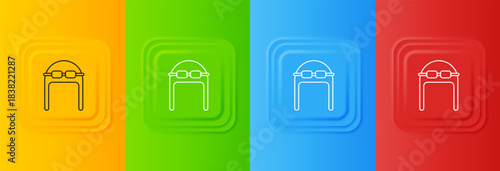 White Aviator hat with goggles icon isolated on colorful background. Pilot hat. Set icons in square buttons. Vector