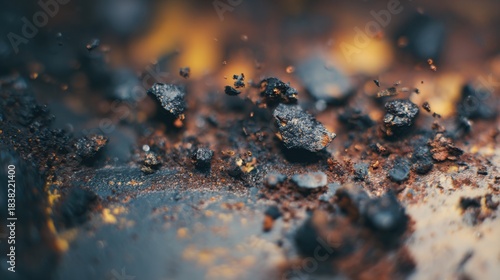 oxidized dirty engine oil, burnt particles, tired chemical molecules depicted humorously like old exhausted workers, cinematic macro shot, gritty