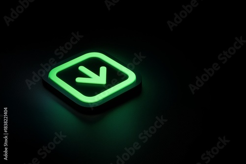 Neon Green Arrow Pointing Diagonally Downward Inside Rounded Square Symbolizing Directional Flow, Navigation Logic, and Conceptual Download Functionality in Modern Digital Interface Design