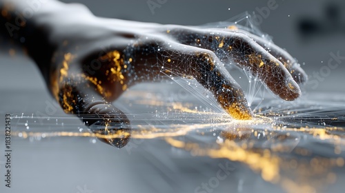 Futuristic Human Hand Embedded with Glowing Neural Mesh and Golden Particles Interacting with Digital Surface Symbolizing Intelligent Touch, Connectivity, and Human-Technology Integration Concept