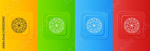 White Pizza icon isolated on colorful background. Fast food menu. Set icons in square buttons. Vector