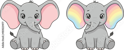 Baby elephant cartoon illustration, rainbow ear elephant mascot, cute animal character, whimsical wildlife artwork, vector cartoon, playful fantasy designBaby elephant cartoon illustration