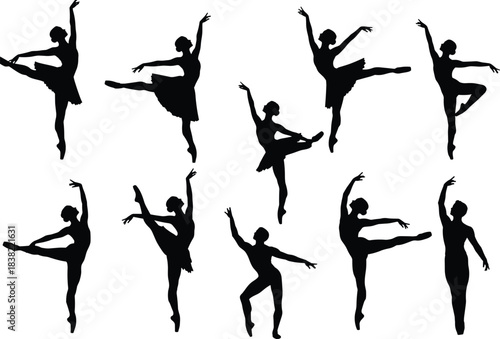 Ballet dancer silhouettes, classical dance poses, elegant ballerina artwork, black silhouette illustration, performing arts design, graceful movement drawing, cultural dance figure
