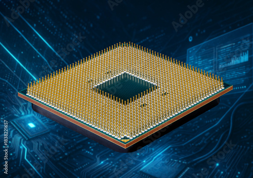 Close-up of a high-tech microprocessor with gold-plated pins surrounded by blue digital circuits and printed circuit boards