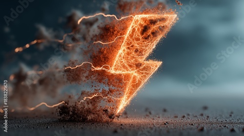 Glowing Orange Lightning Bolt Composed of Electric Sparks and Debris Against Dark Gradient Background Symbol of Power, Speed, and Conceptual Energy Discharge in Dynamic Technological Visualization
