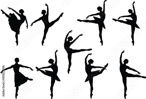 Ballet dancer silhouettes, classical dance poses, elegant ballerina artwork, black silhouette illustration, performing arts design, graceful movement drawing, cultural dance figure