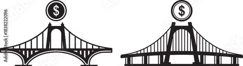 Two distinct suspension bridge structures silhouette