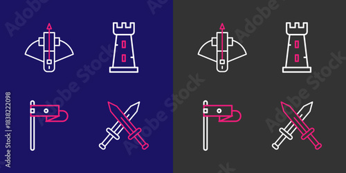 Set line Crossed medieval sword, Medieval flag, Castle tower and Battle crossbow with arrow icon. Vector
