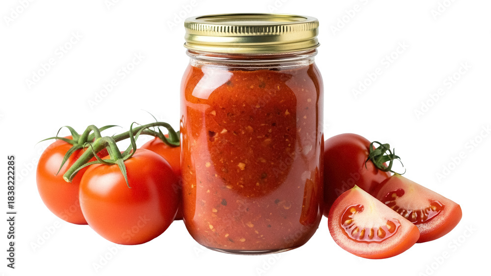 Φωτογραφία Jar of homemade tomato sauce with fresh tomatoes isolated PNG, canned food for p