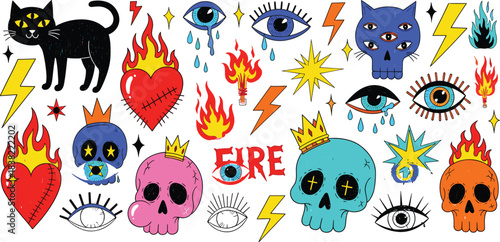 Vibrant collection of mystical occult symbols featuring crowned skulls flaming hearts black cats and mystic eyes perfect for edgy design projects