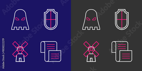 Set line Decree, parchment, scroll, Windmill, Shield and Executioner mask icon. Vector