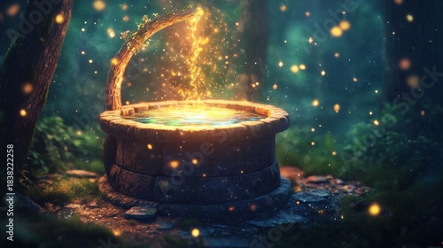 Mystical Forest Well with Golden Light and Sparkling Magic