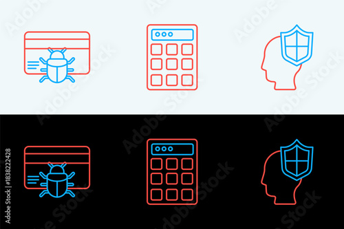 Set line Head with shield, System bug in credit card and Password protection icon. Vector