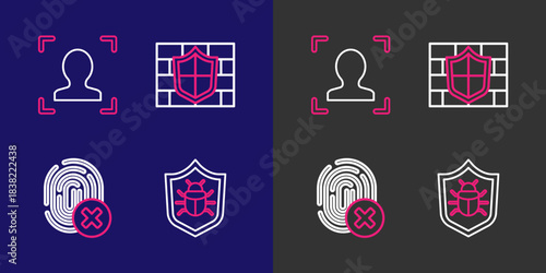 Set line System bug, Cancelled fingerprint, Shield with brick wall and Face recognition icon. Vector