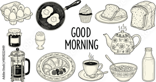 Charming vintage sketch collection offers delightful breakfast staples perfect for morning menus and cozy kitchen designs