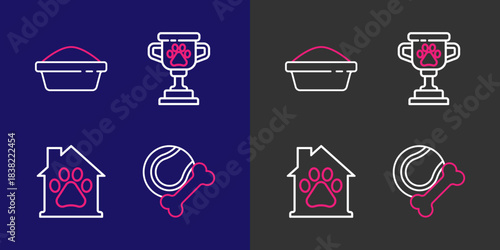 Set line Pet toys bone rubber and ball, house, award and food bowl icon. Vector