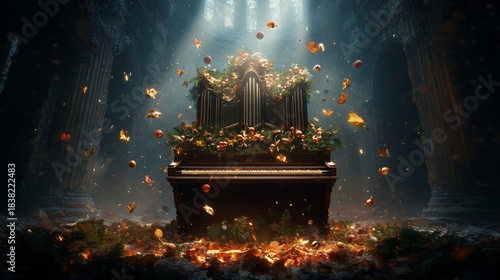 Magical Grand Piano and Organ in Ancient Ruins with Falling Autumn Leaves and Golden Light
