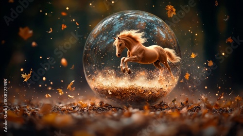 Magical Horse Leaping in an Autumn Globe with Sparkling Lights