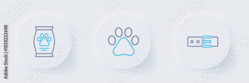 Set line Collar with name tag, Paw print and Bag of food icon. Vector