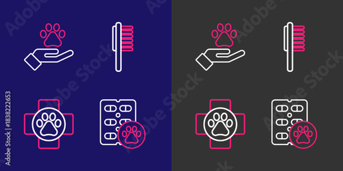 Set line Dog pill, Veterinary clinic, Pets vial medical and Hands with animals footprint icon. Vector