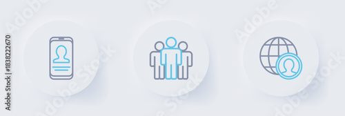 Set line Globe and people, Users group and Mobile with resume icon. Vector