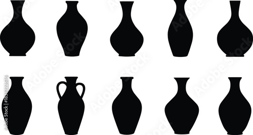 Black silhouette vase shape icons, pottery form comparison set, decorative vessel outline series, cad drawing flat vector illustration