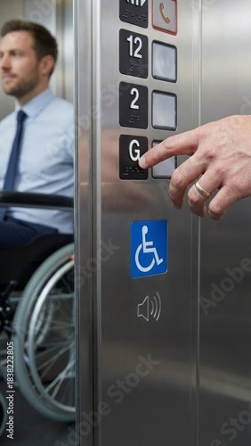 Accessible Elevator Button Pressed. High-quality image with clean composition and soft lighting. Ideal for web design, presentations, branding, social media and print.