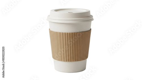 Beige paper coffee cup with lid and cardboard sleeve isolated PNG, hot beverage container for cafe and takeaway