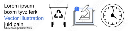 Sustainability, research tools, time management, education, environmental awareness, laboratory science. Recycling bin, microscope on screen and analog clock. Sustainability and research tools
