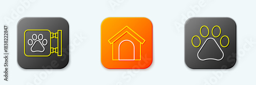 Set line Veterinary clinic, Dog house and Paw print icon. Vector