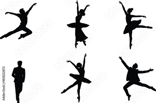 Ballet dancer silhouette vector set, black performance poses with tutus and suits for dance art, stage illustration, and classical performance graphics
