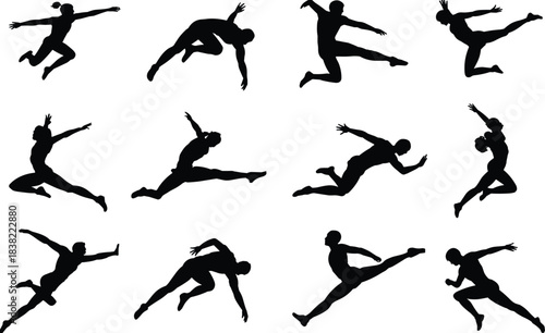 Athlete silhouette jumping vector set, dynamic sports action pose, energetic movement, fitness figure, leaping, running, training, isolated on white background