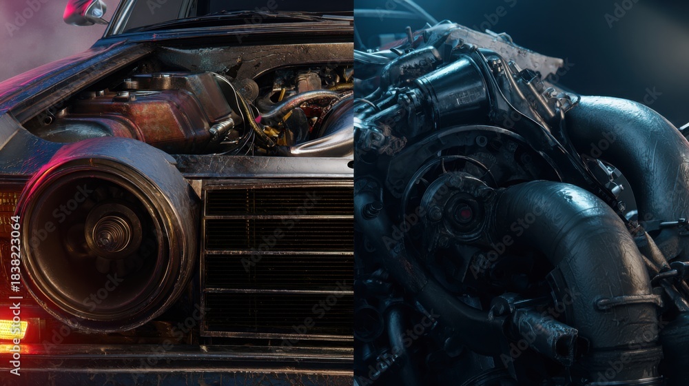 Fototapeta premium split image old 1980s simple engine on left, modern turbocharged engine on right, humorous contrast, goofy vs high tech, photorealistic, detailed