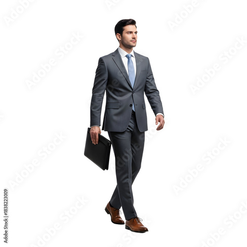 Professional man in formal business attire walking with a briefcase, showcasing confident corporate style in an urban setting.