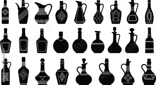 “Collection of vintage bottle and jar silhouettes with decorative patterns, elegant container designs for packaging, kitchen, antique, craft, and graphic illustration use”