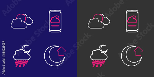 Set line Moon, Cloud with rain and moon, Weather forecast and Sun cloud weather icon. Vector