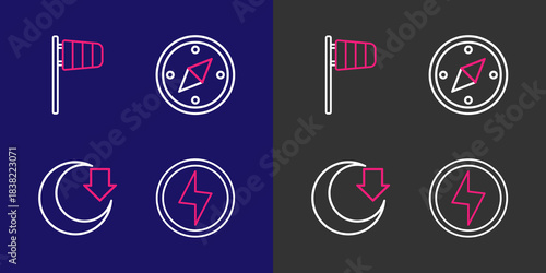 Set line Lightning bolt, Moon, Compass and Cone windsock wind vane icon. Vector