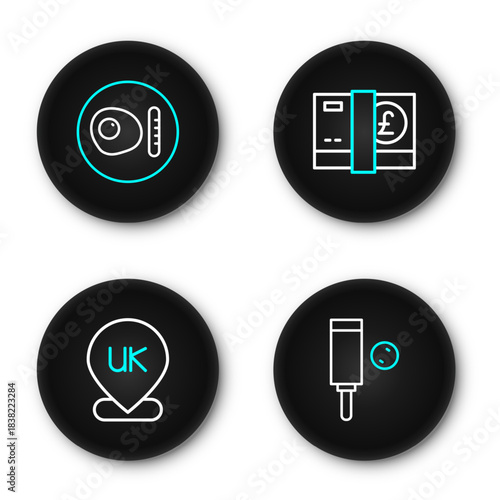 Set line Wood cricket bat and ball, Location England, Pound sterling money and British breakfast icon. Vector